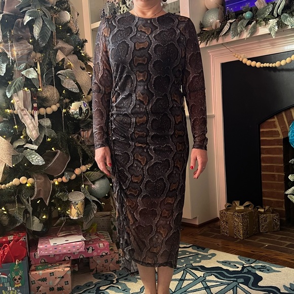 All Saints Norma Ruched Mesh Midi Dress Size 10 Snake Print - Picture 3 of 10